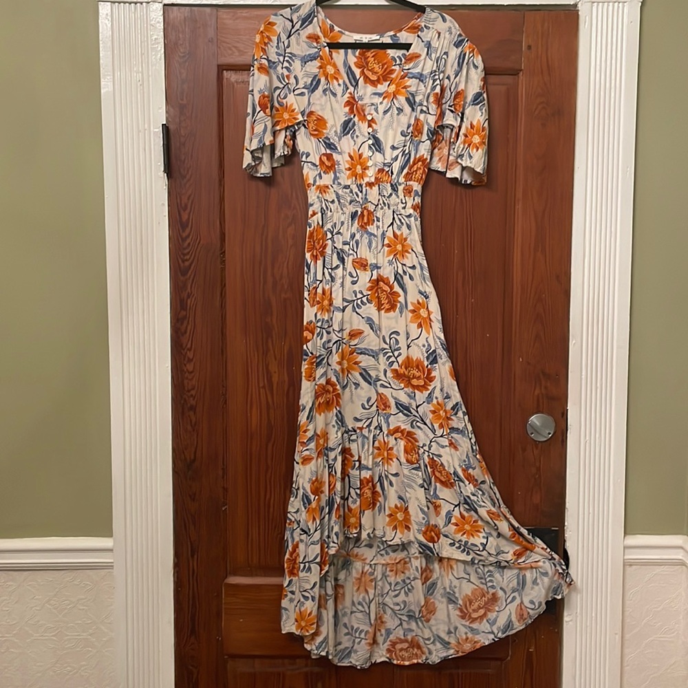 Blue and Orange Floral High Low Maxi Dress